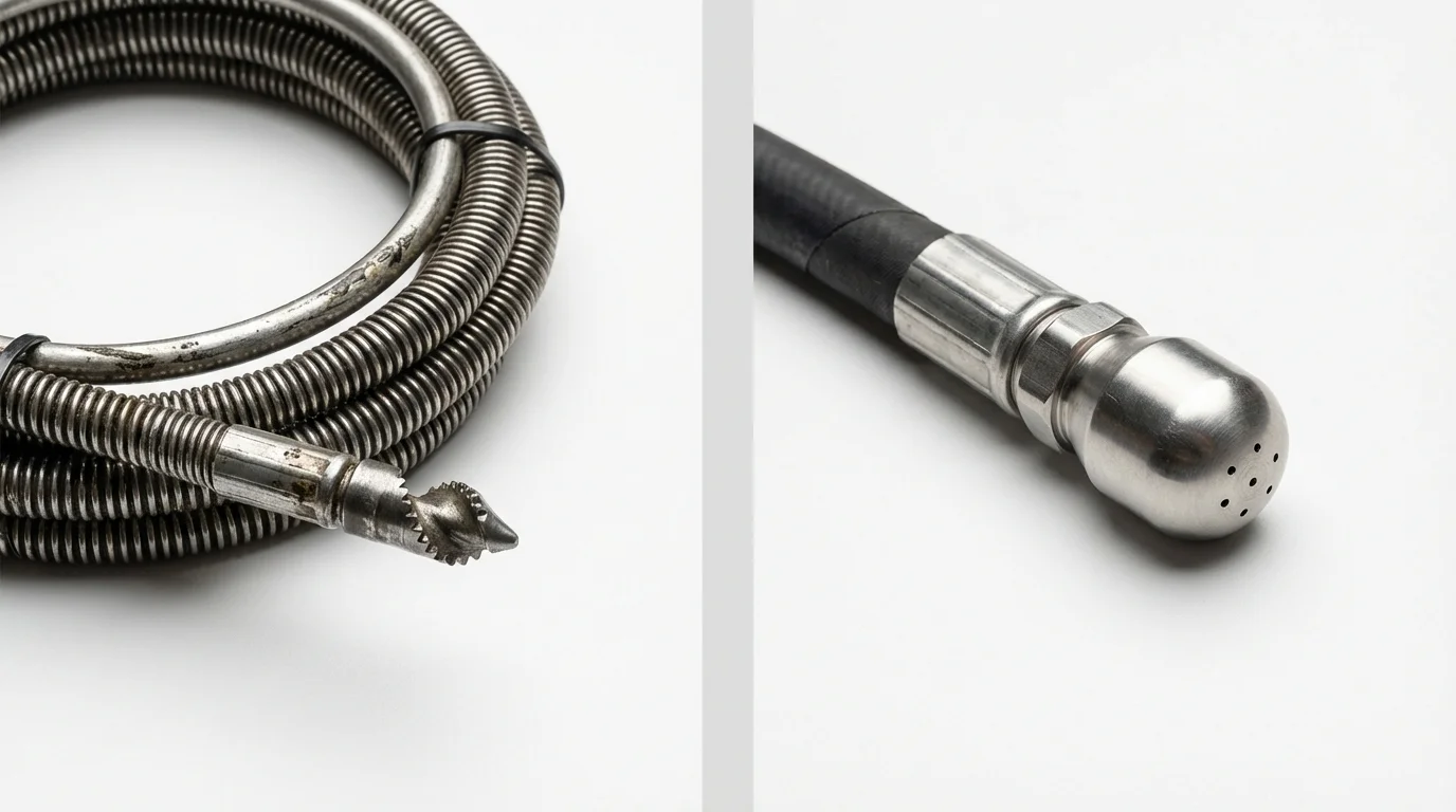 Drain snake cable and hydro jetting nozzle used for drain cleaning in Middlebury, CT