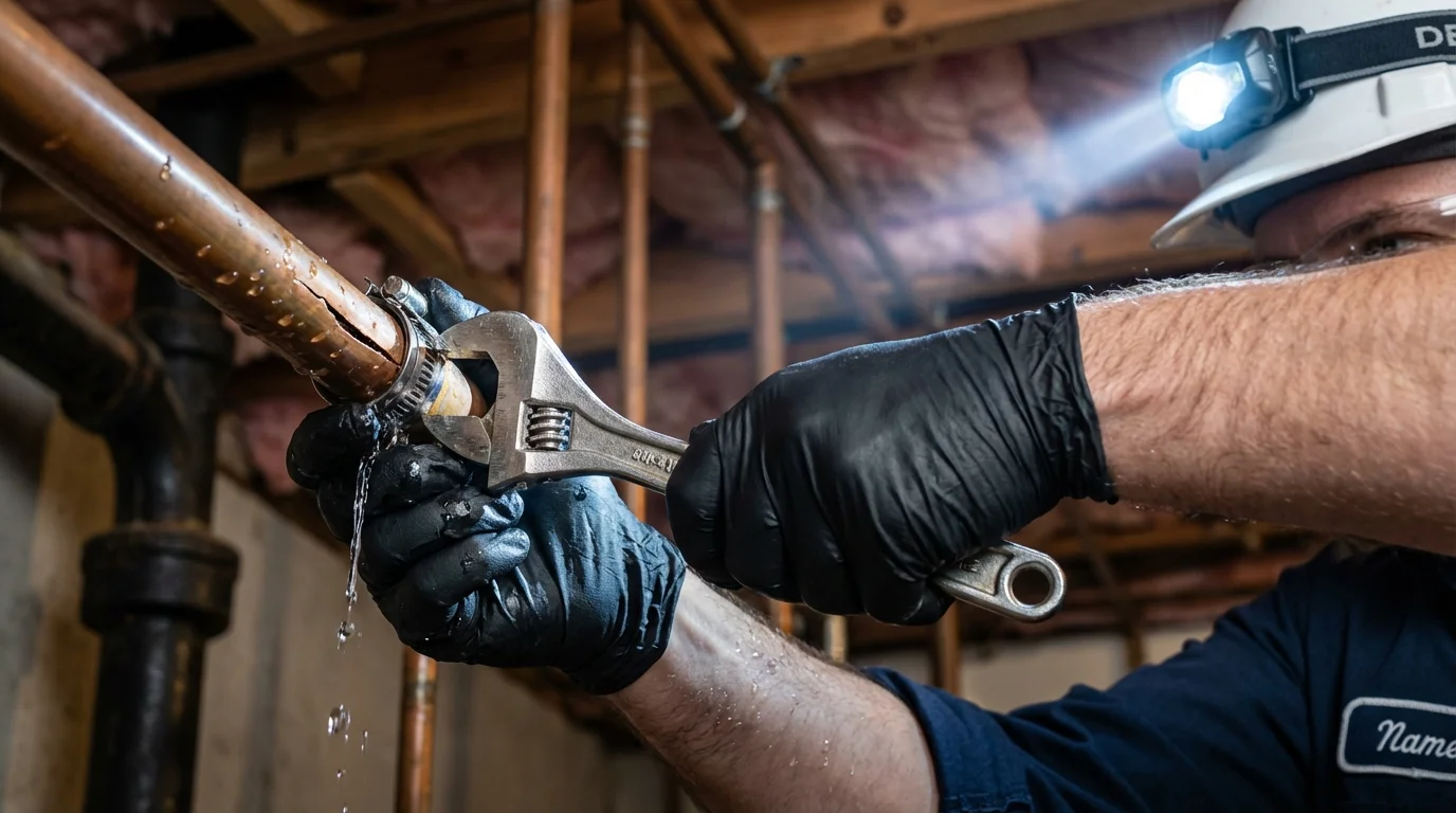 Emergency pipe clamp repair being performed by a Johns Plumbing LLC plumber in Middlebury