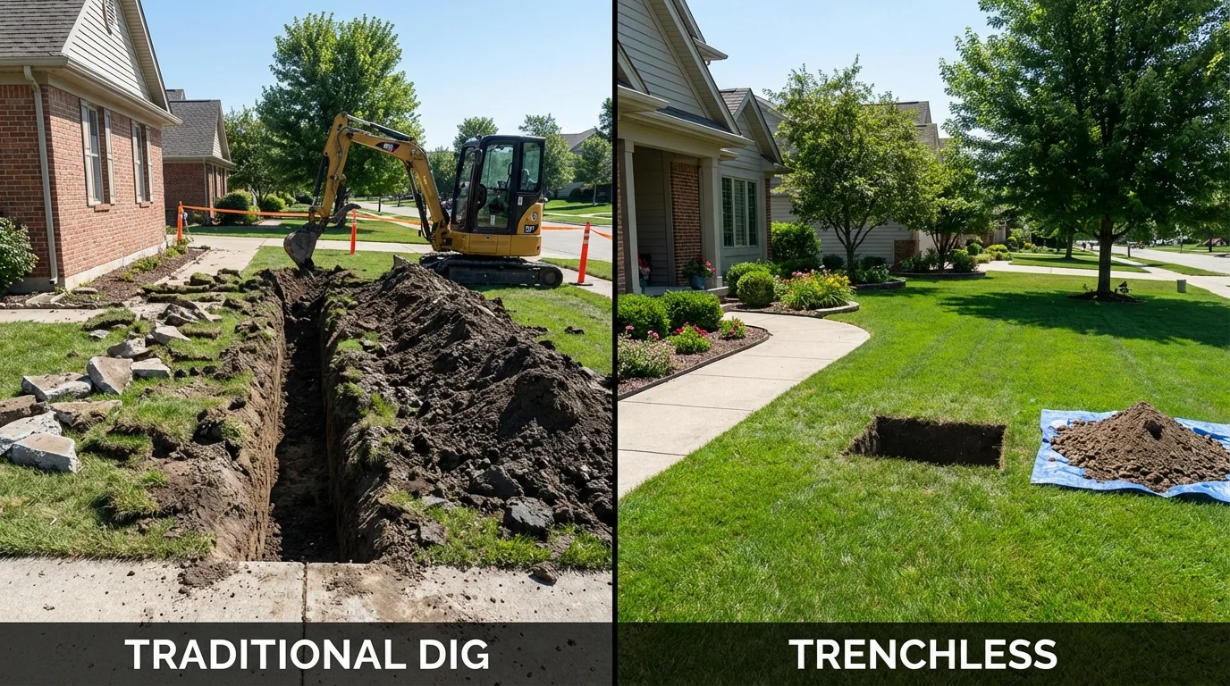 Trenchless sewer repair with minimal yard damage versus traditional excavation in Middlebury, CT